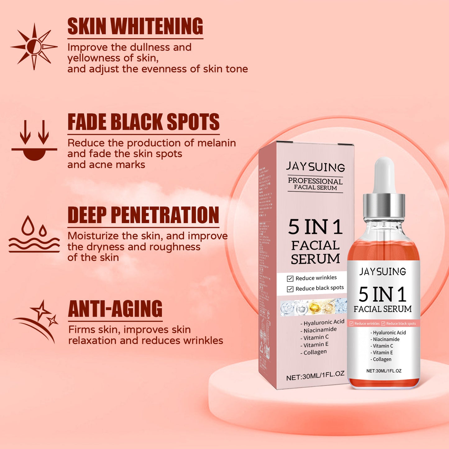 Jaysuing 5-in -1 Facial Essence Moisturizing Skin Firming Fade Spots Acne Beauty Essence