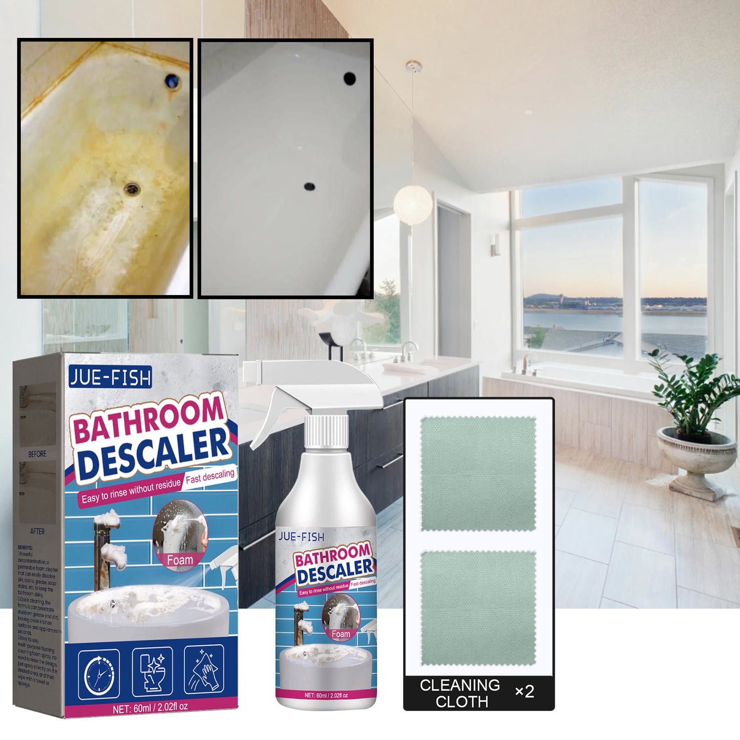 Jue-Fish bathroom cleaner shower room glass scale cleaner stainless steel wash basin bathtub decontamination