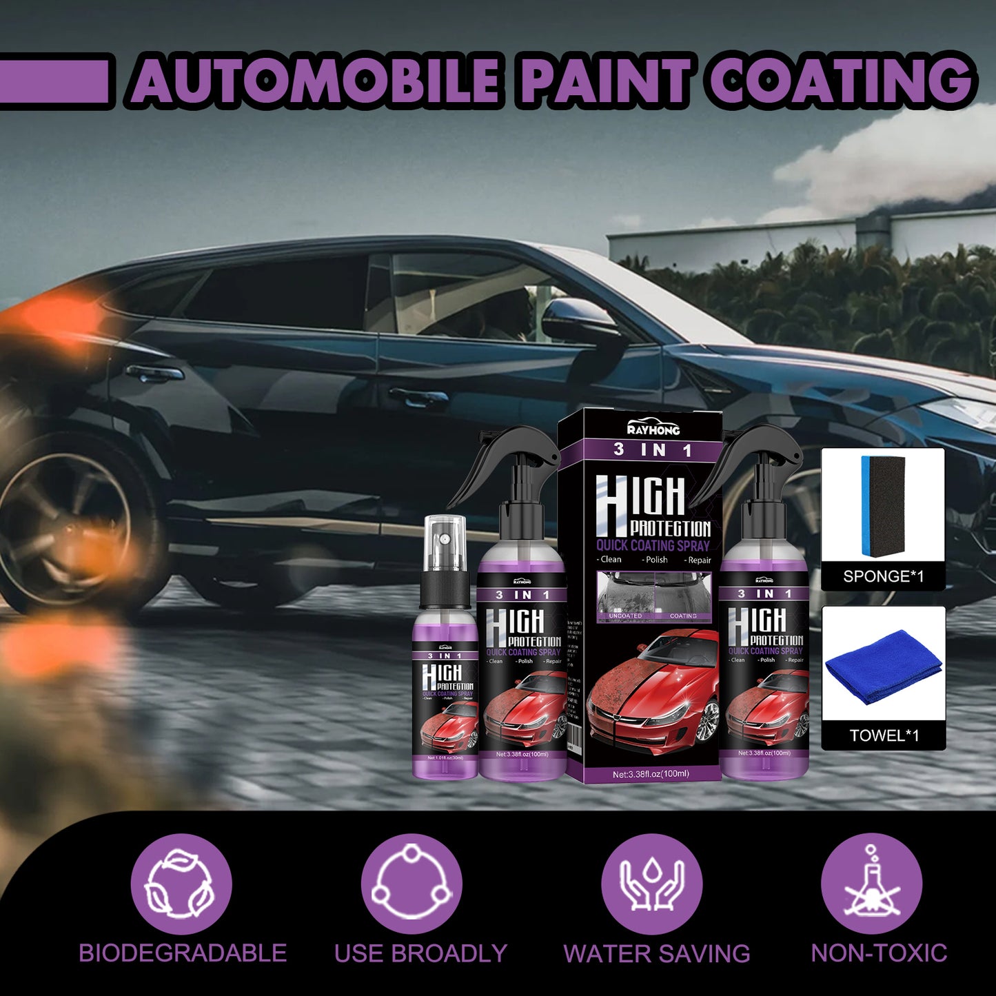 Rayhong 3 in 1 high protection fast car paint spray automatic hand paint color change clean coating spray