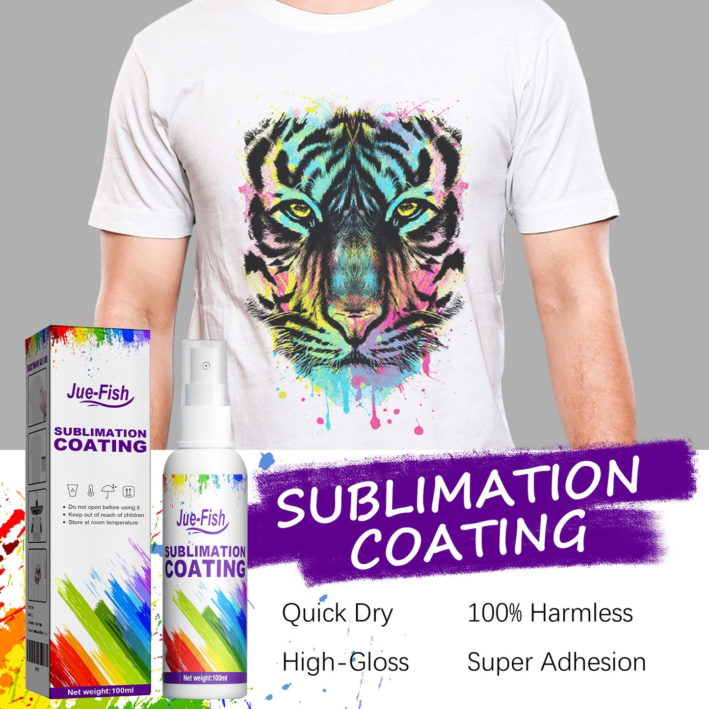 Jue-Fish Sublimation Coating Spray Clothes Hot Figure Heat Transfer Wear-resistant Anti-stain Multi-purpose Good Adhesion
