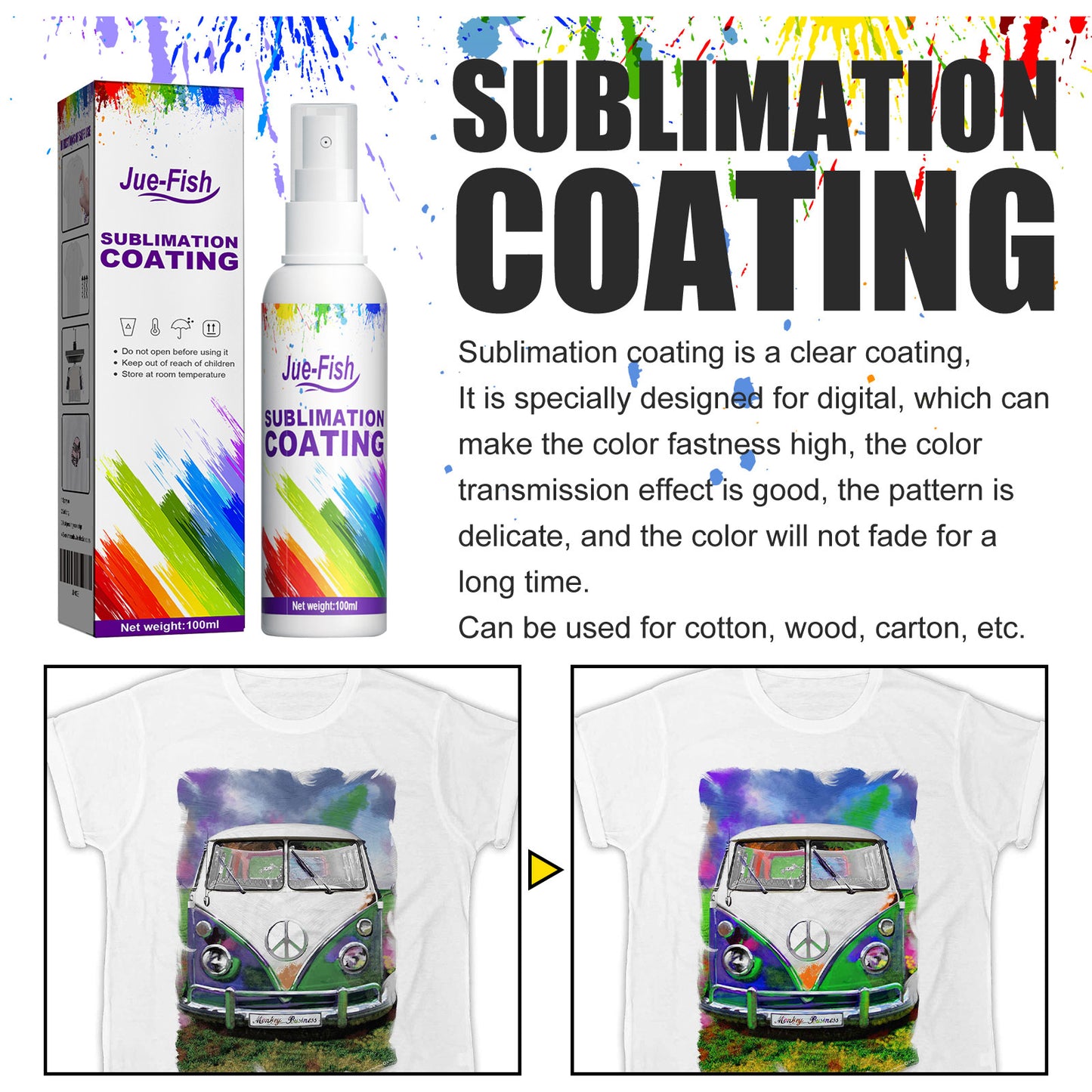 Jue-Fish Sublimation Coating Spray Clothes Hot Figure Heat Transfer Wear-resistant Anti-stain Multi-purpose Good Adhesion