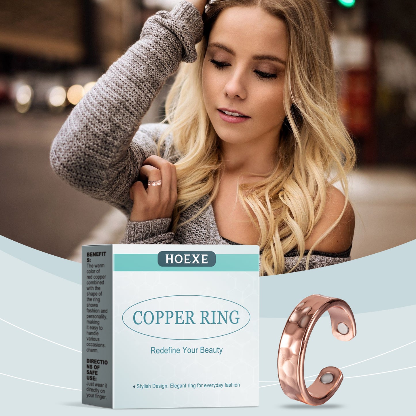 Hoexe red copper ripple ring beautiful fashion accessories unique trend simple design versatile decorative ring