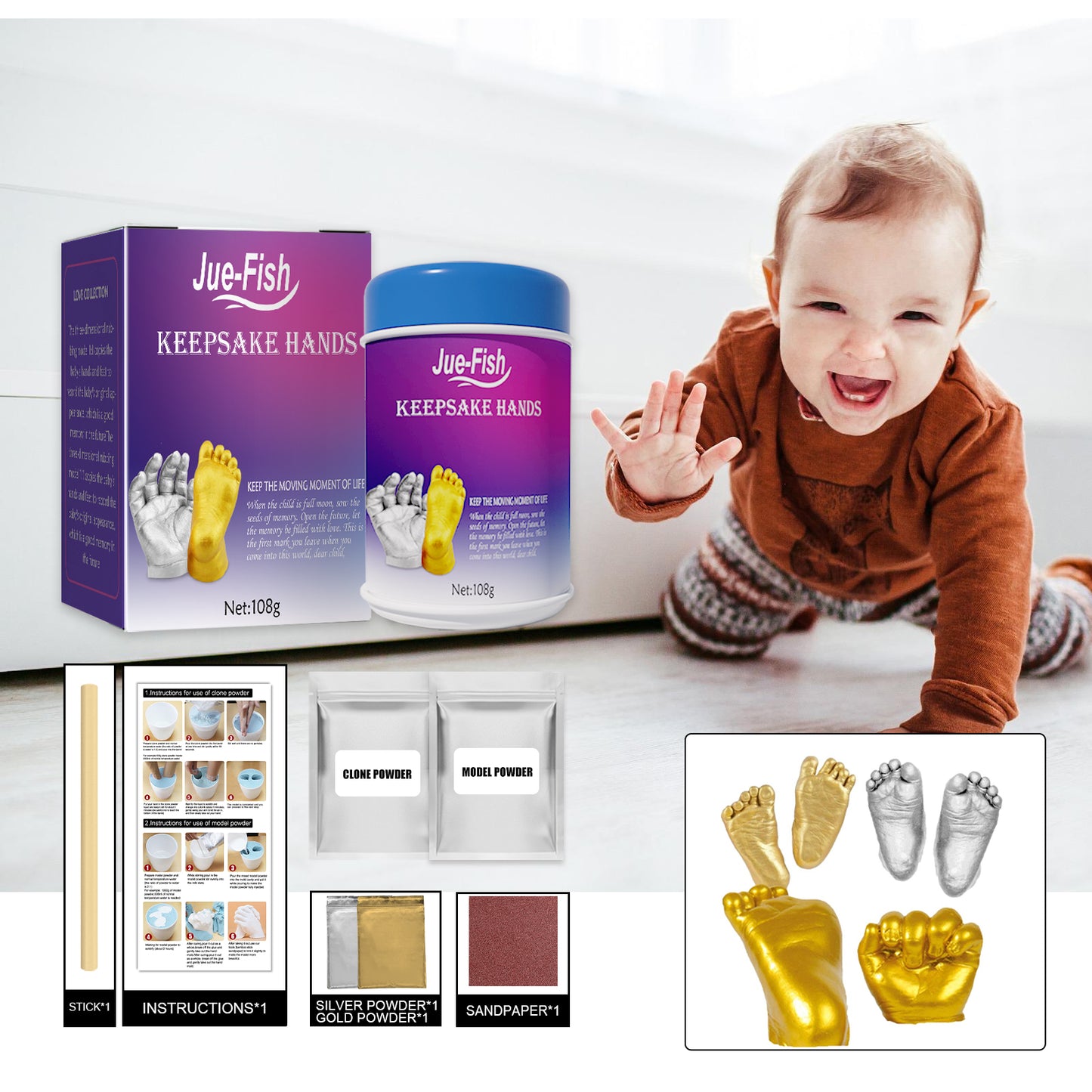 Jue-Fish Baby Stereo Hand Model Powder Children's Full Moon Hundred Days Hand and Footprint Souvenir 3D Clone Model Powder