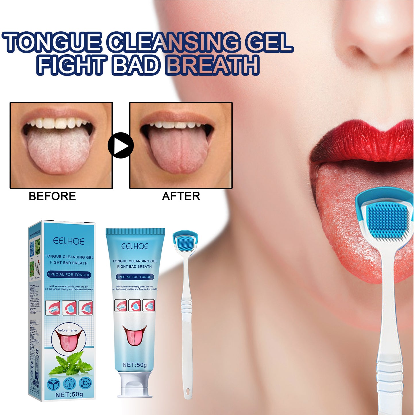 EELHOE Tongue Coating Cleaning Gel Tongue Coating Cleaning Oral Care Removing Oral Odor Fresh Breath Gel with Brush