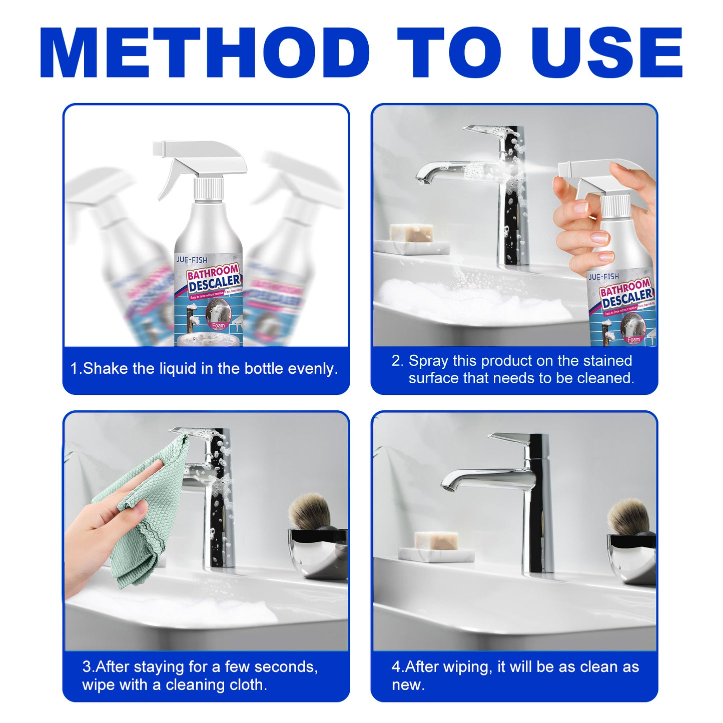 Jue-Fish bathroom cleaner shower room glass scale cleaner stainless steel wash basin bathtub decontamination