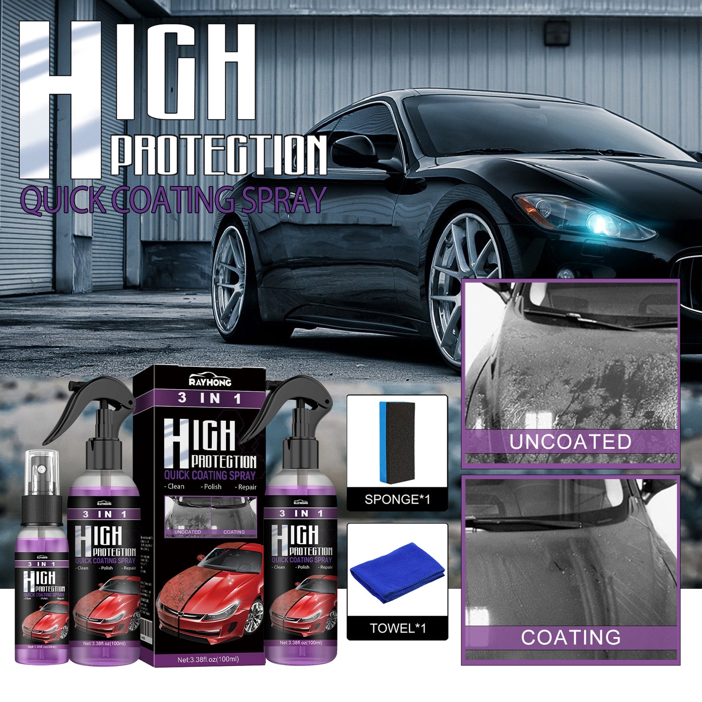Rayhong 3 in 1 high protection fast car paint spray automatic hand paint color change clean coating spray