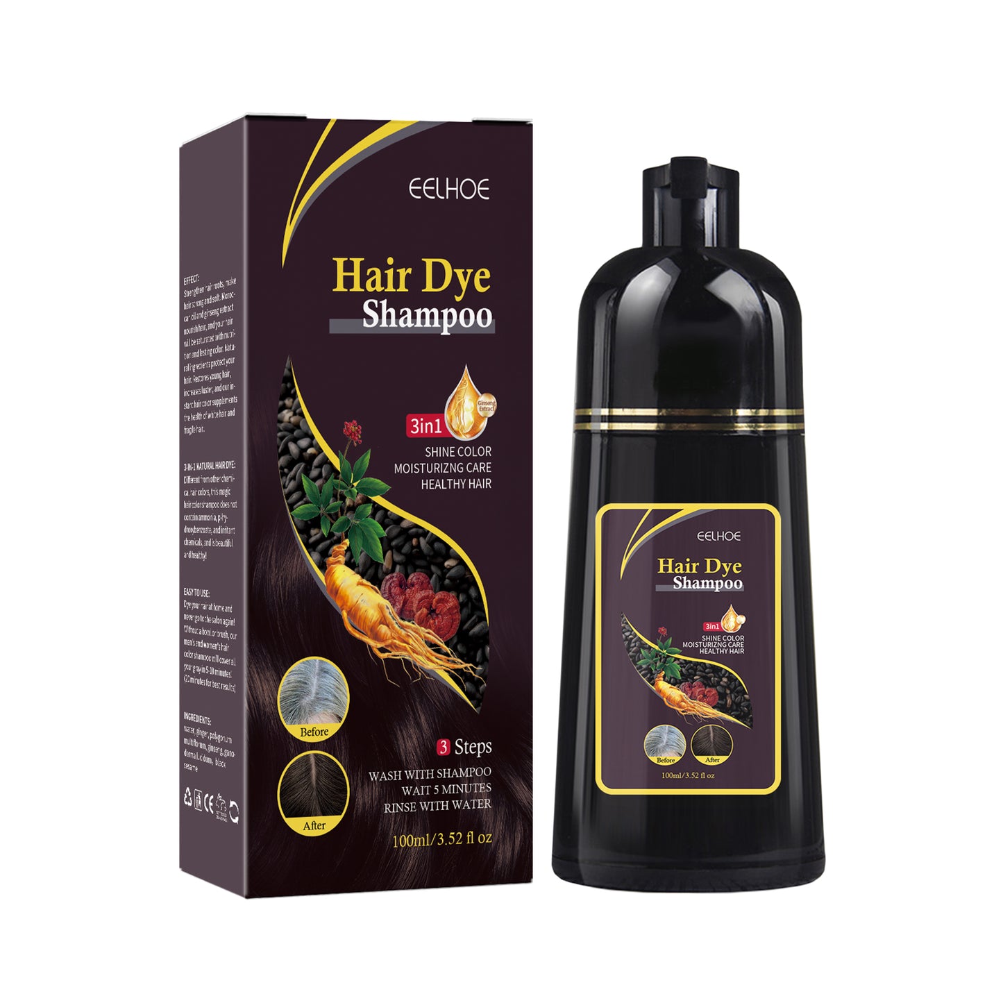 EELHOE Black Hair Shampoo, Polygonum multiflorum essence, moisturizing, cleaning, repairing, black and soft hair shampoo