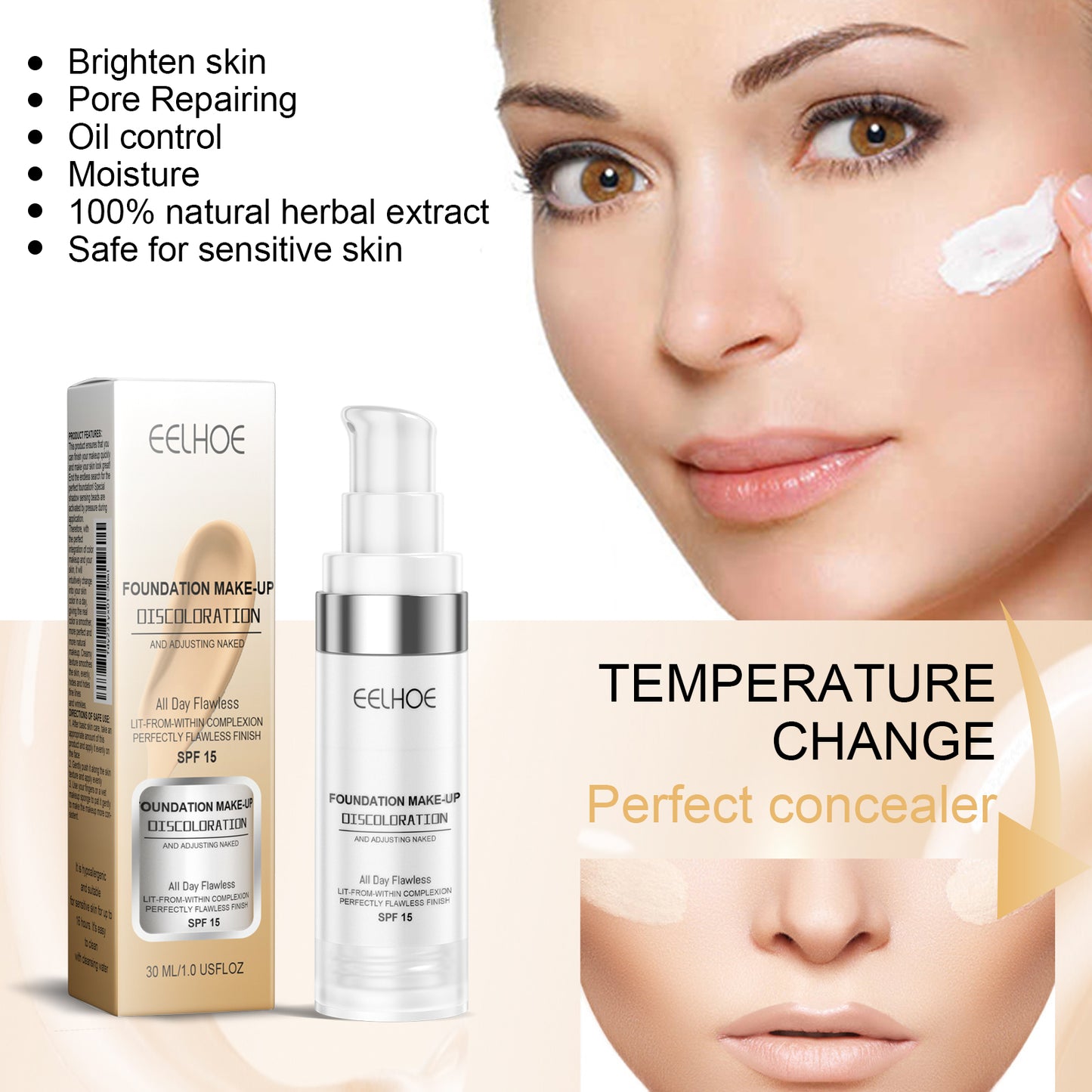 EELHOE Concealer Color Changing Foundation Liquid Concealer Lasting Moisturizing and Moisturizing No Makeup Wasting Brightening and Clear Skin Color