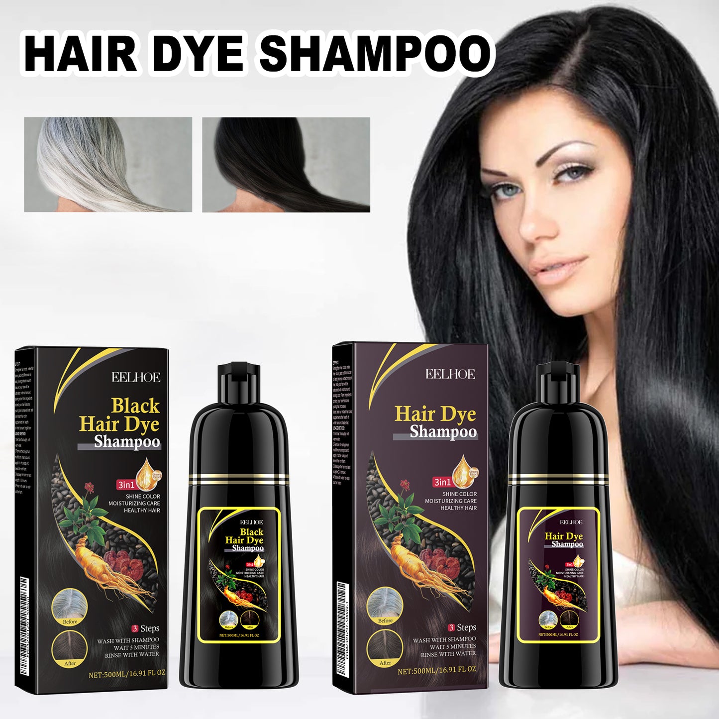 EELHOE Black Hair Shampoo Polygonum Multiflorum Essence Black Moisturizing Hair Cleaning Repair Softness Shampoo