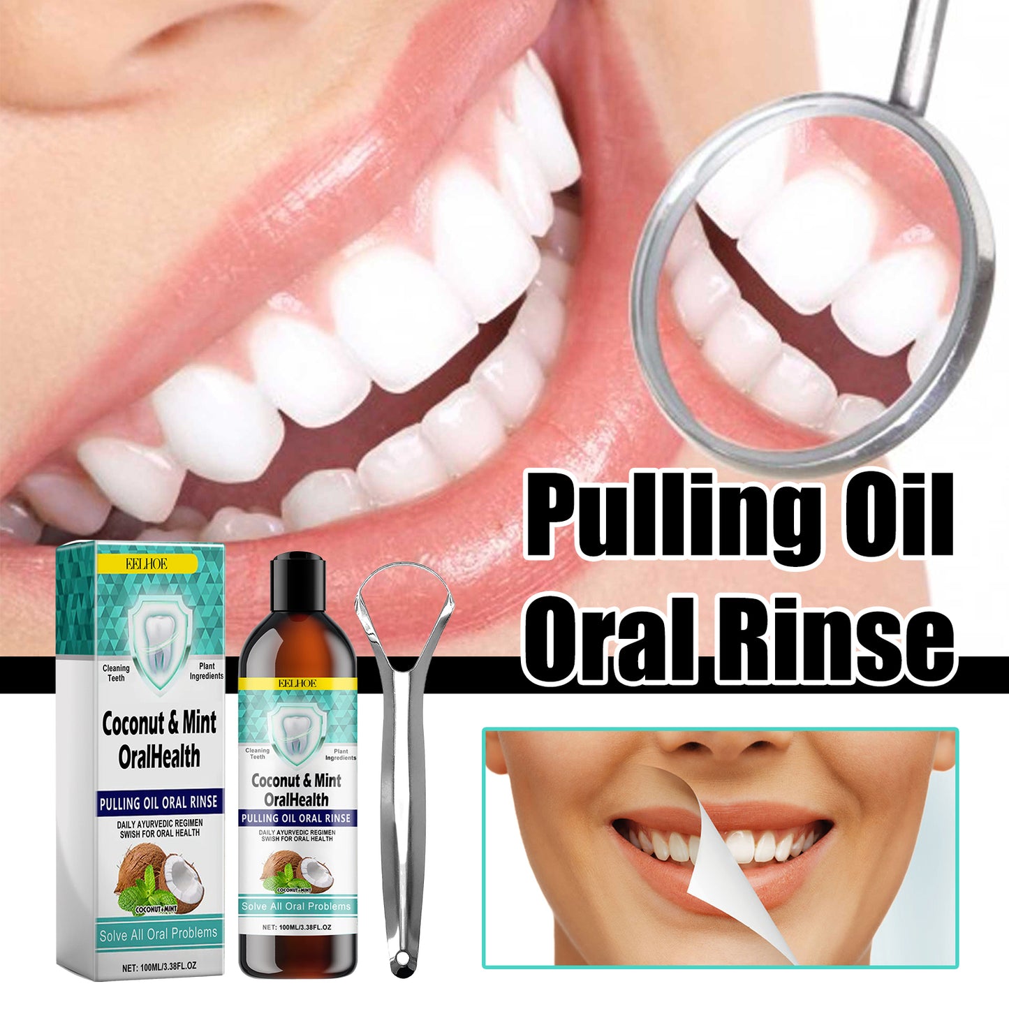 EELHOE Mouth Coconut Oil Mouthwash to remove stains, clean teeth, clean breath, clean mouth, care for gums