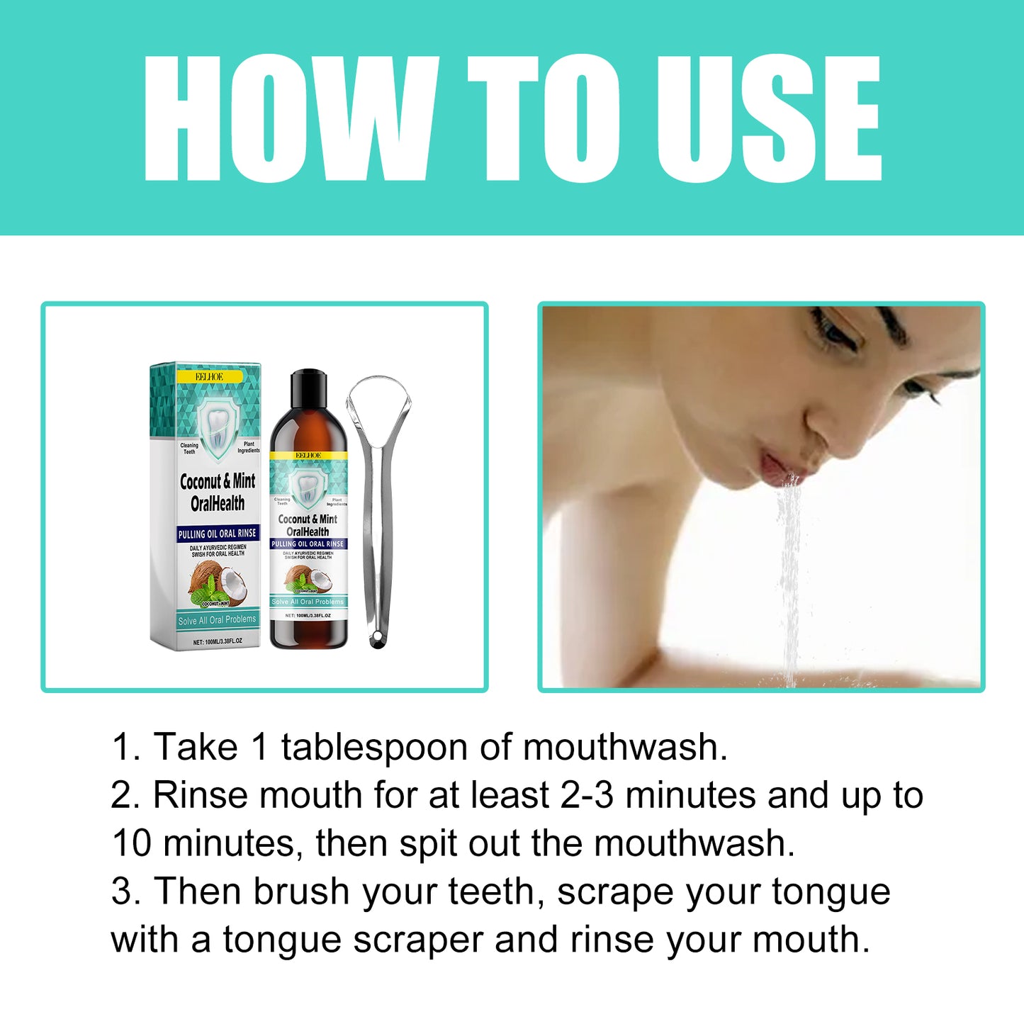 EELHOE Mouth Coconut Oil Mouthwash to remove stains, clean teeth, clean breath, clean mouth, care for gums