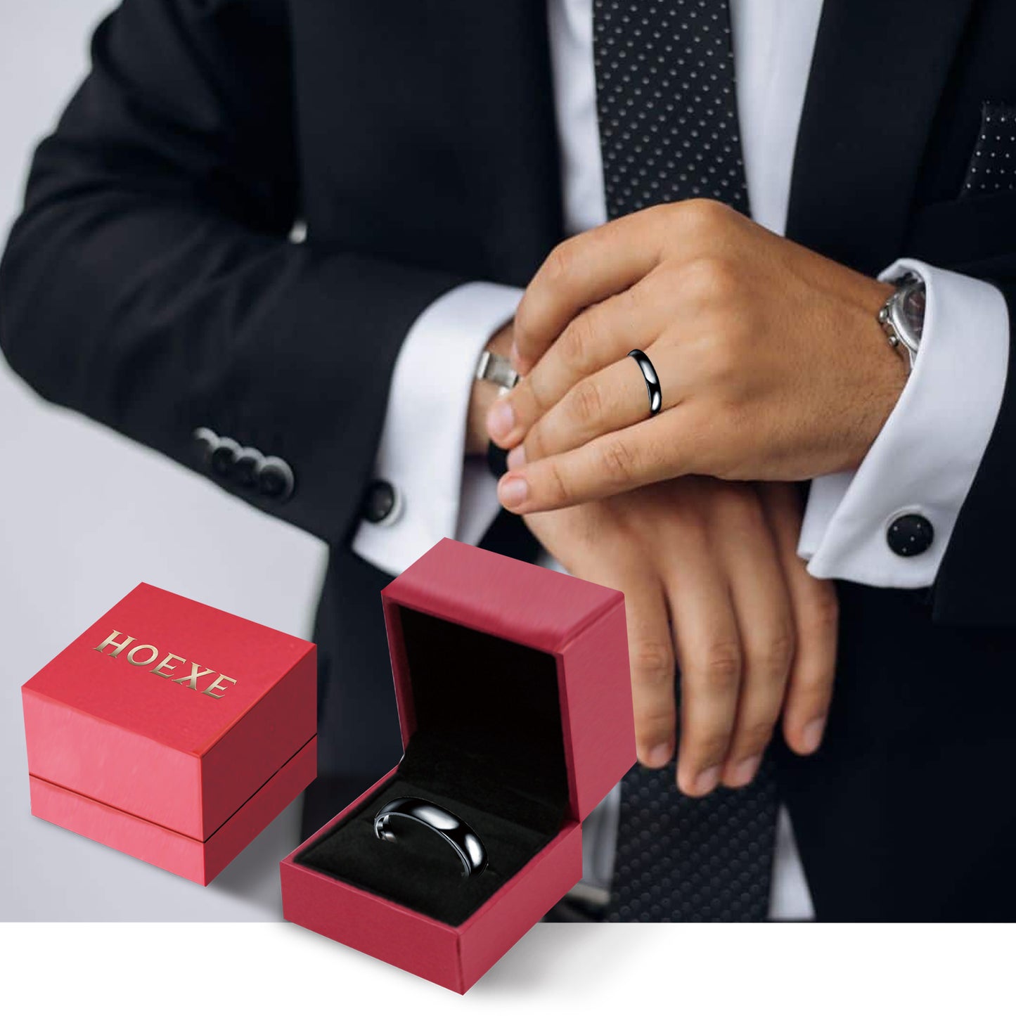 Hoexe Obsidian Ring Stainless Steel Ring for Men and Women Smooth Fashion Simple Boutique Hand Accessories