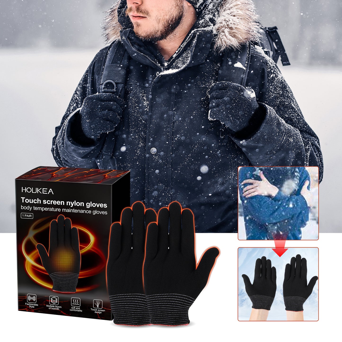 Houkea Nylon Gloves Winter Outdoor Sports Skiing Cold-proof Hand Care Massage Heating Warm Gloves