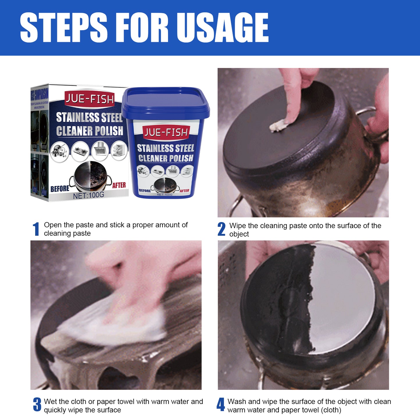 Jue-Fish stainless steel cleaning cream kitchen decontamination pot rust bottom stove black scale cleaning cream