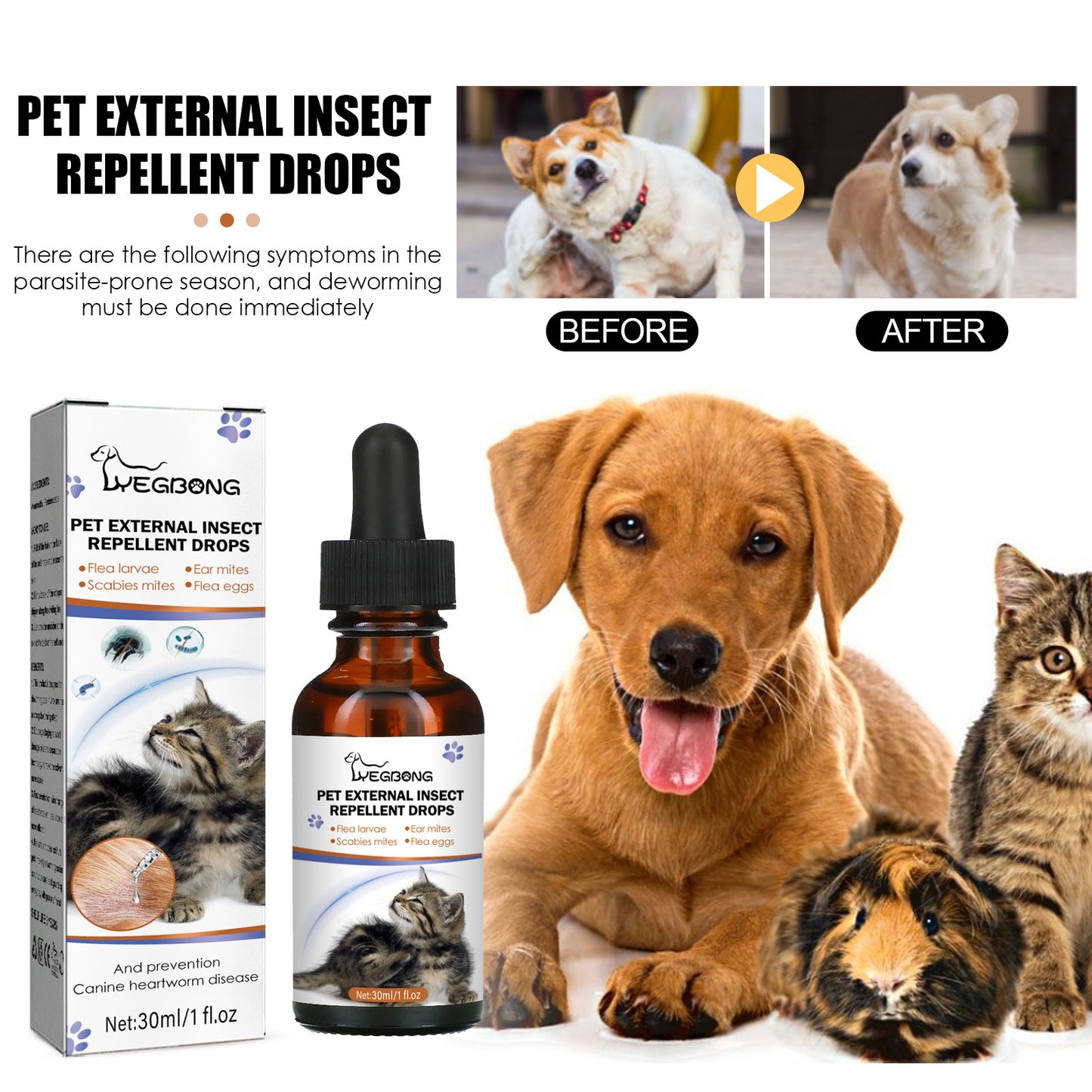 Yegbong Pet Extracorporeal Repellent Drops Cats and Dogs Clean to Remove Lice Ticks Flea Drops