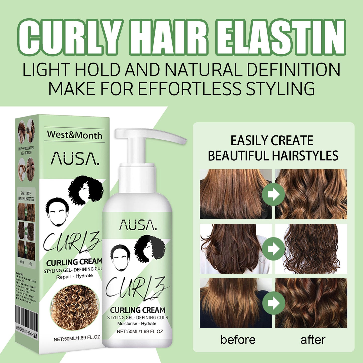 West & Month curly hair elastin moisturizing curly hair styling fluffy elastic strong hair smoothing frizz hair care