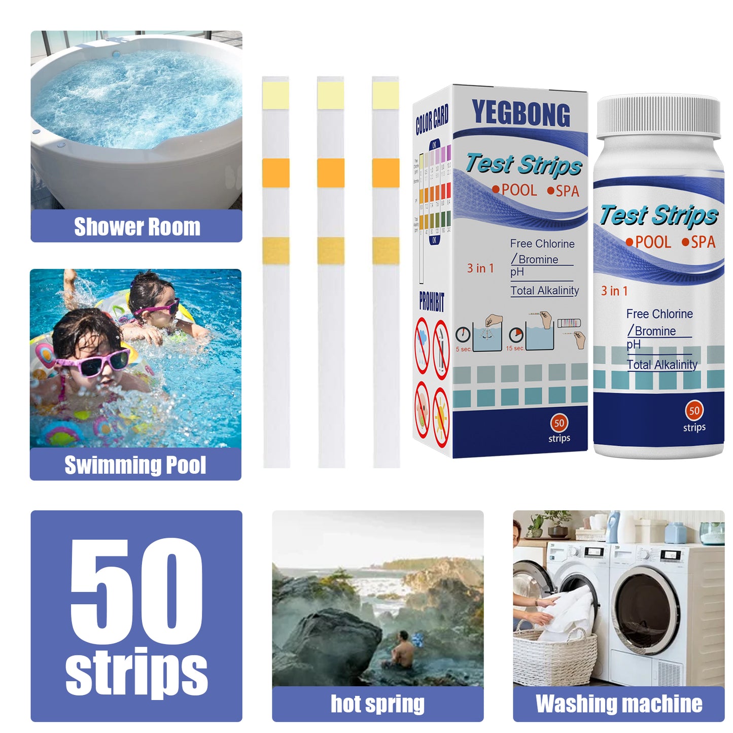 Yegbong Swimming Pool PH Test Paper Swimming Pool Quick Residual Chlorine pH Total Alkalinity Total Hardness Water Quality Test Paper
