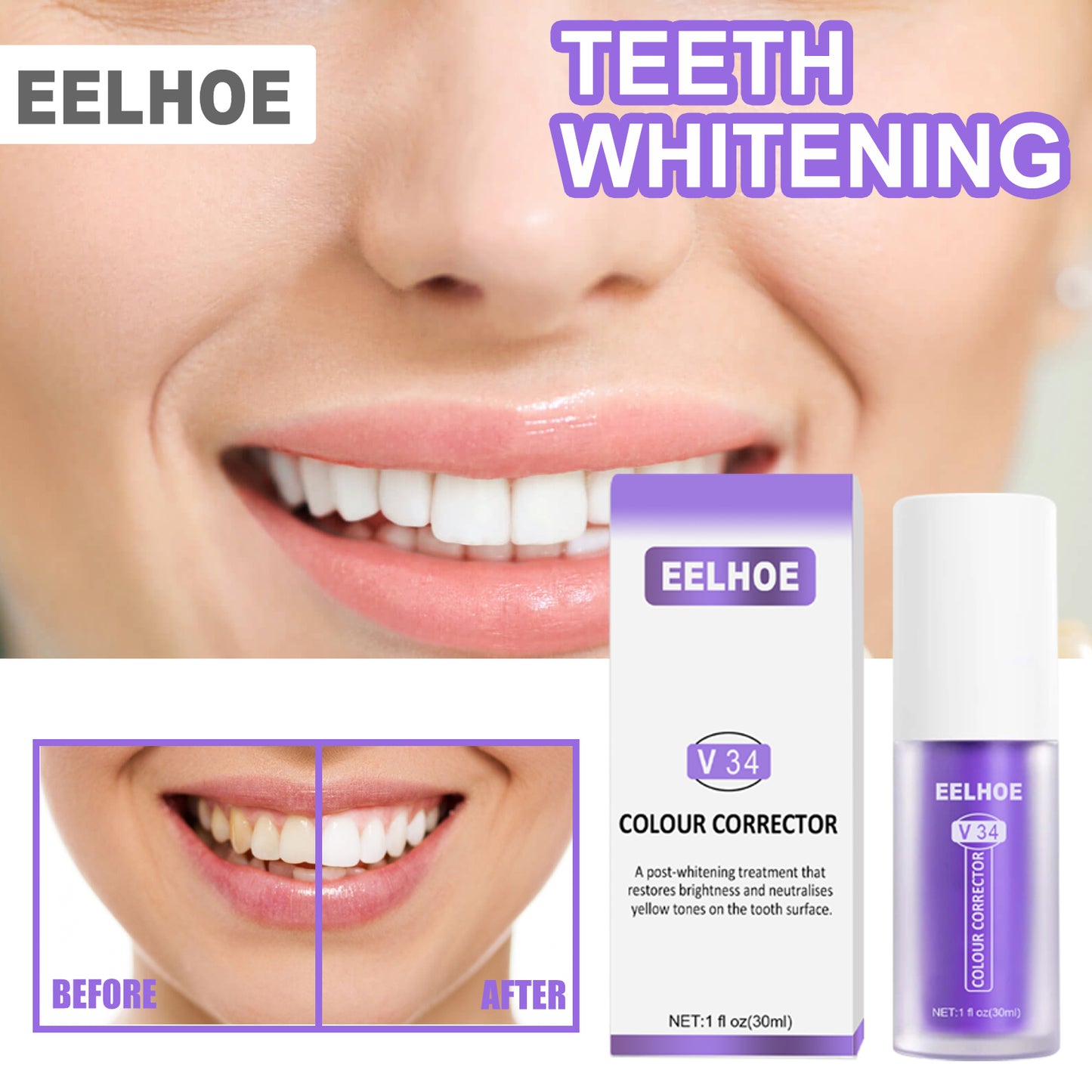 EELHOE V34 Teeth Brightening Toothpaste Oral Whitening Cleaning Teeth Stains Whitening Teeth Purple Toothpaste