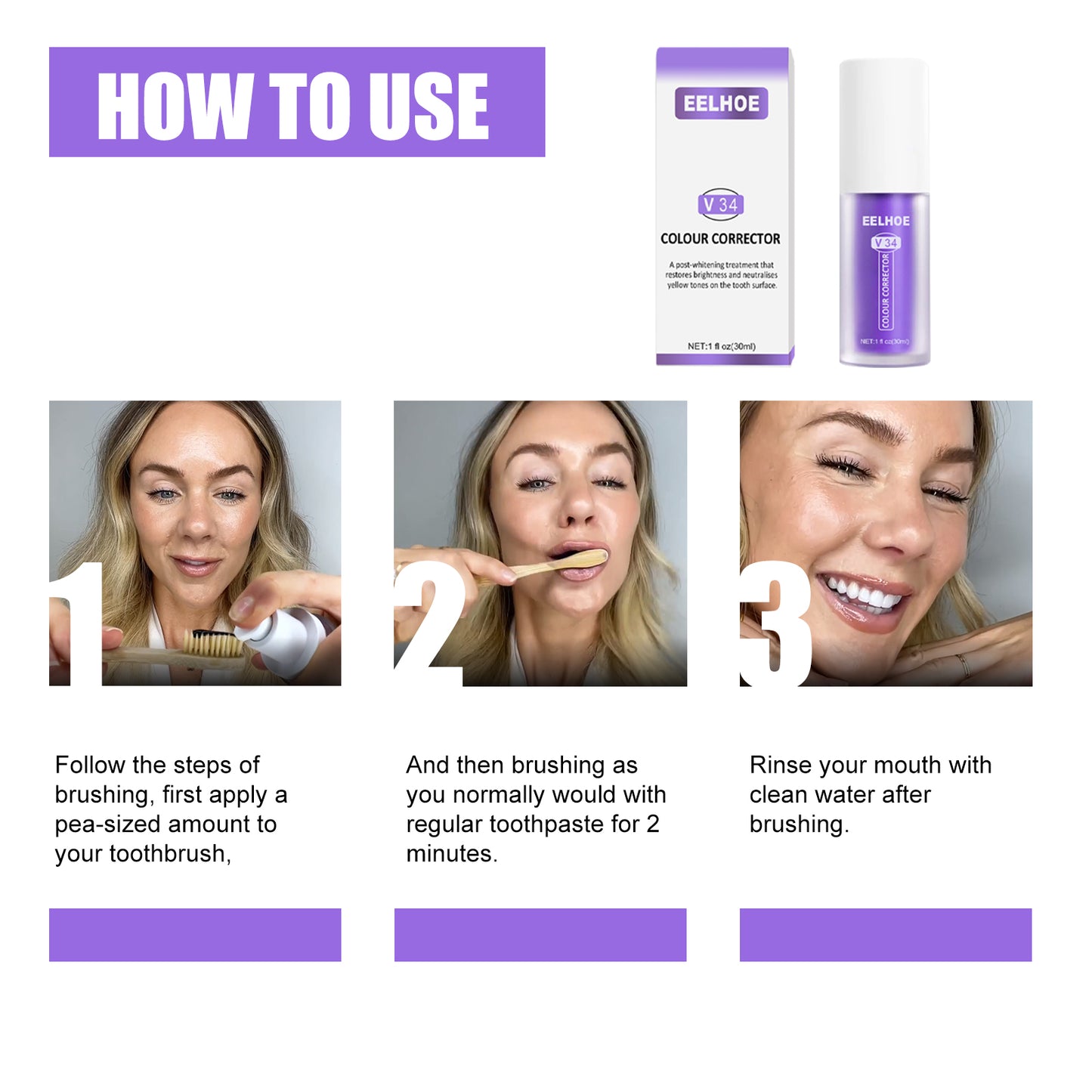 EELHOE V34 Teeth Brightening Toothpaste Oral Whitening Cleaning Teeth Stains Whitening Teeth Purple Toothpaste